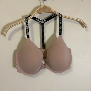 Victoria Secret Underwire Padded T-back Uplift‎ Semi Demi Bra 32DD Beige